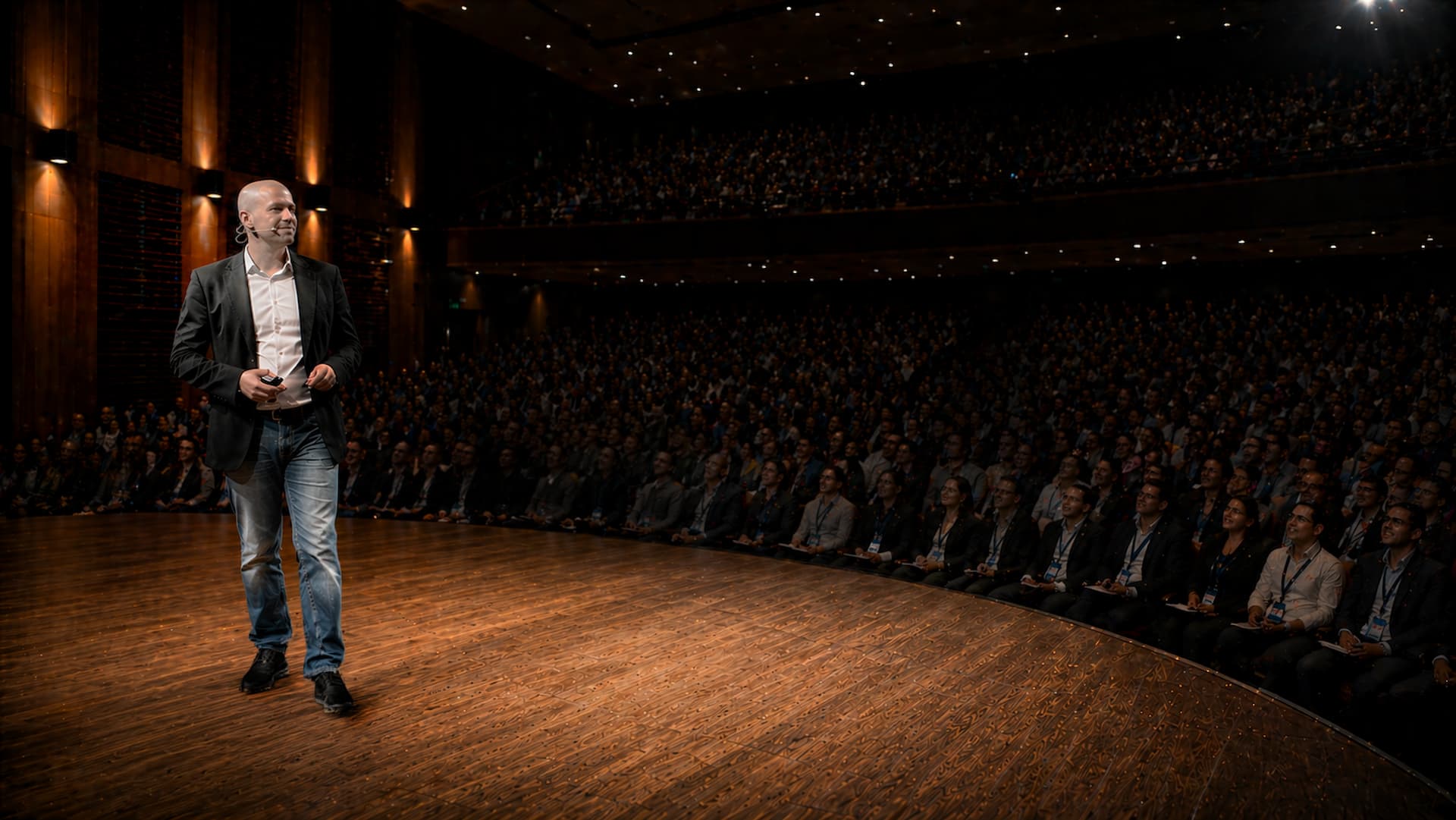 Antonio Núñez speaking about narrative, storytelling and strategy at a conference.